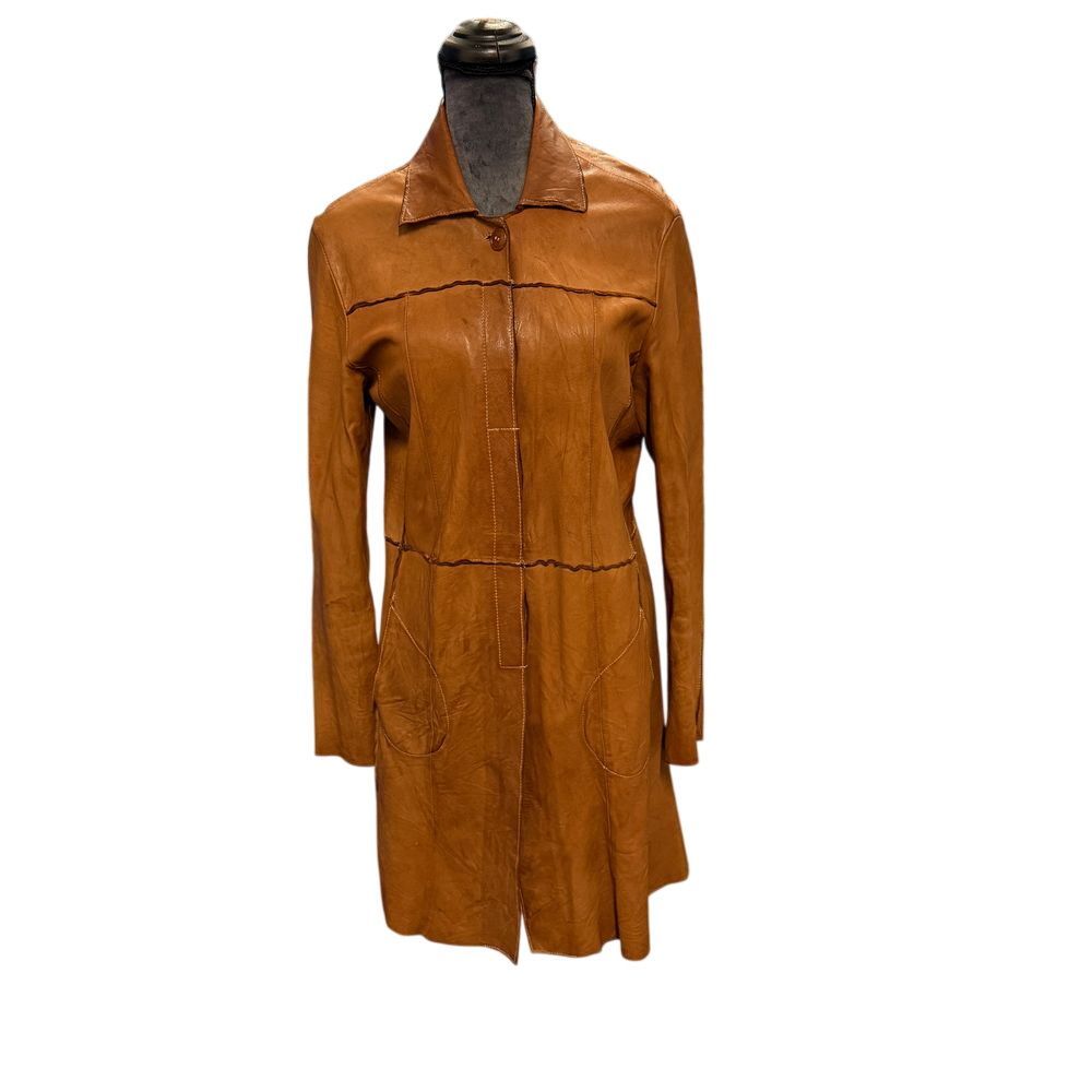 Blur Vintage Tan Leather Long Coat Button Front Collared Trench Style O
